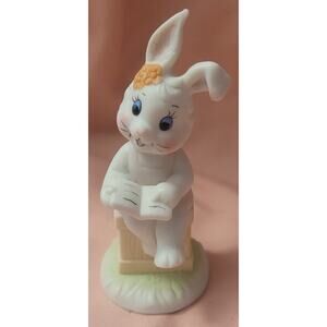 Porcelain Vintage White Reading Easter Bunny Figurine Made in Taiwan R.O.C.